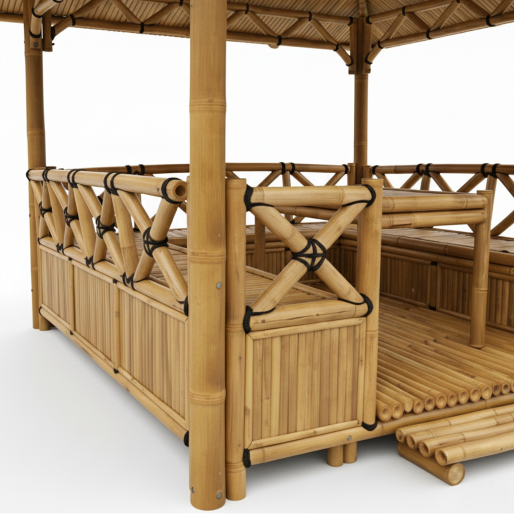 Vue intérieure de la paillote bambou avec banquettes et table, espace repas modulable pour jardin et terrasse