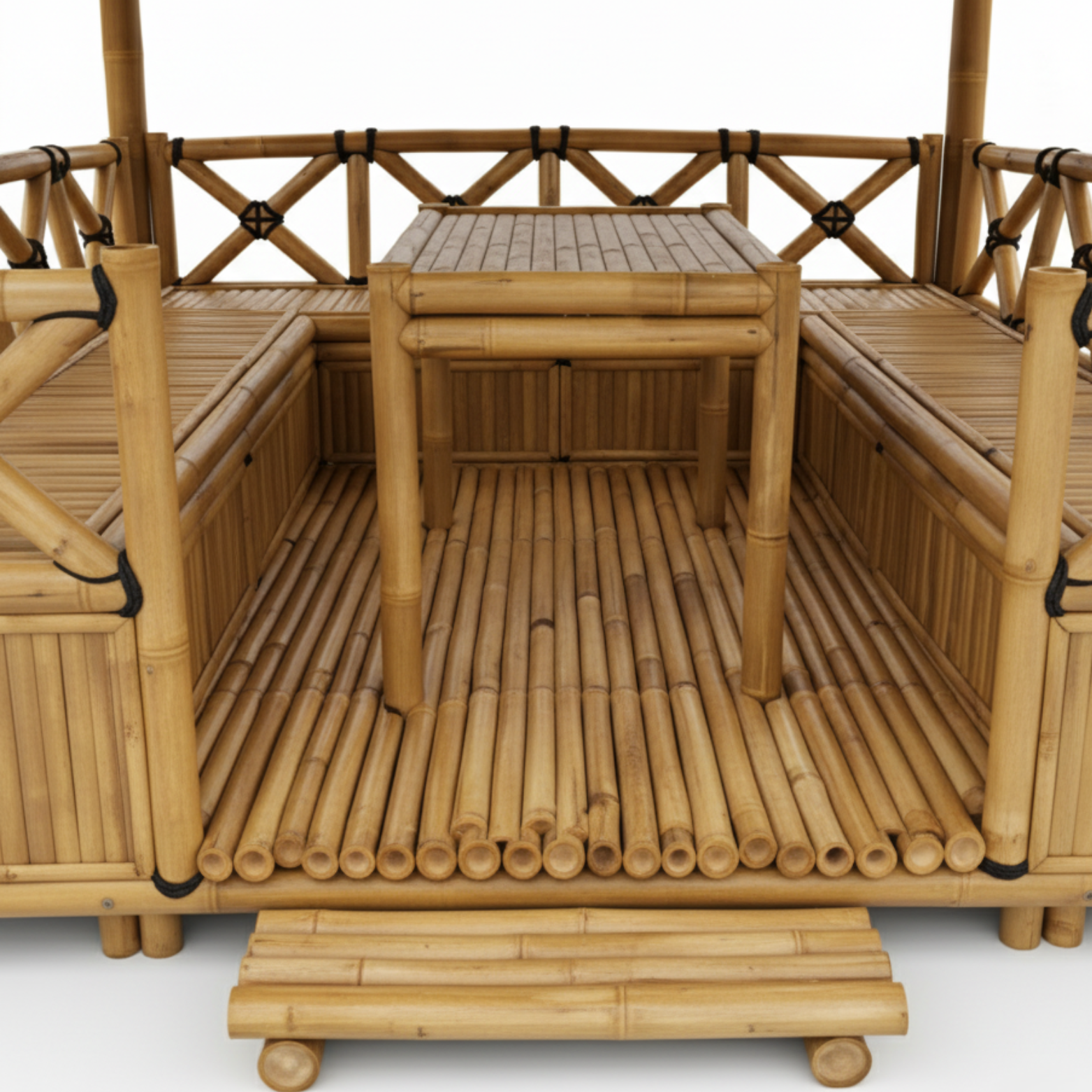 Aménagement lounge sous paillote bambou avec banquettes, coussins et circulation d’air naturelle intégrée