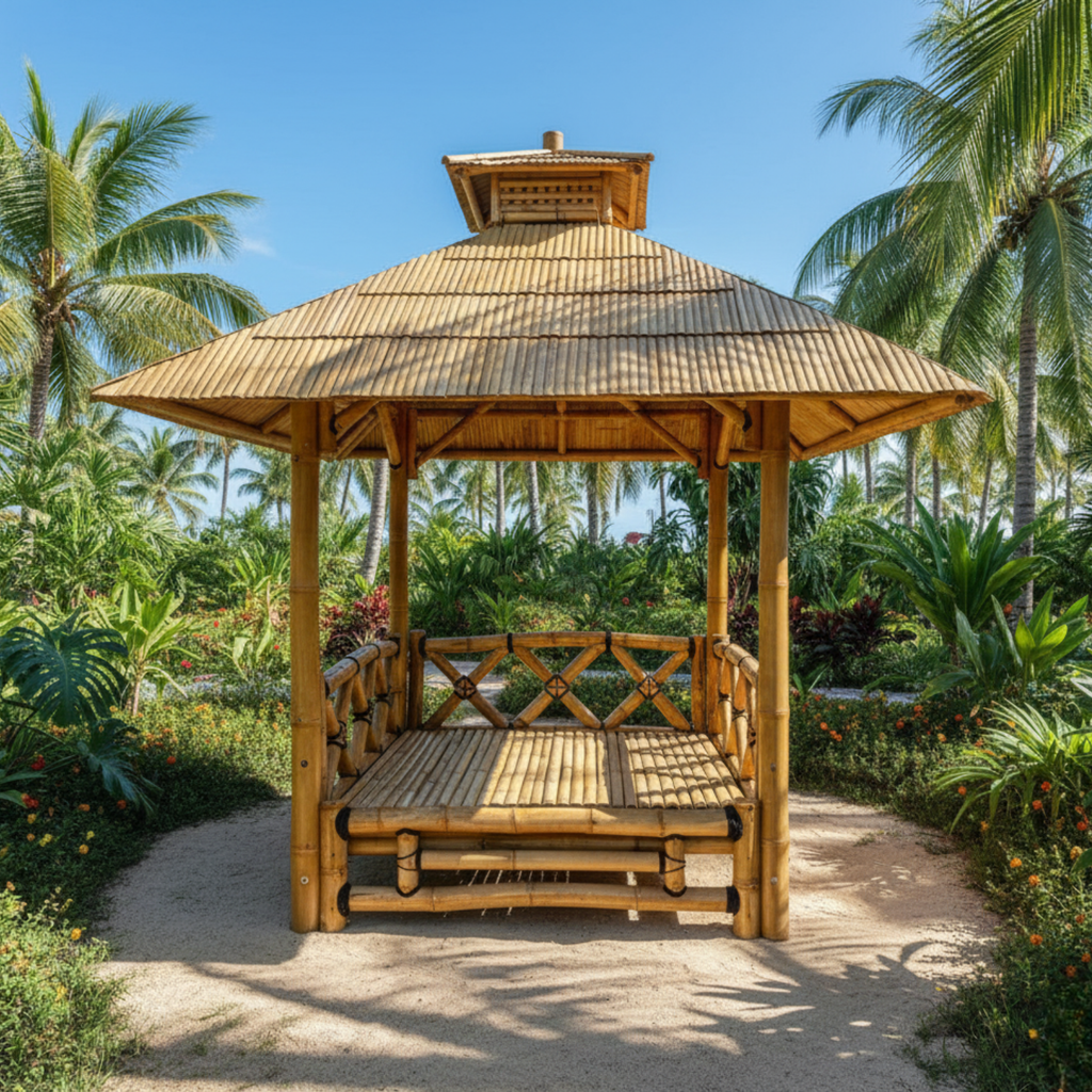 Paillote en bambou avec plancher surélevé, toiture ventilée et structure ouverte pour jardin et terrasse extérieure