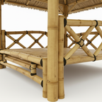 Paillote bambou avec plateforme lounge, toiture en arumbia, poteaux robustes et esprit balinais pour espace détente jardin