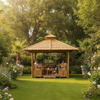 Paillote bambou installée sur terrasse avec banquettes intégrées pour espace détente extérieur