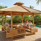 Paillote bambou installée sur terrasse avec banquettes intégrées pour espace détente extérieur