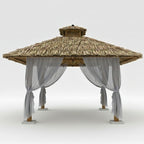 Paillote bambou avec toiture arumbia et voilages gris latéraux, ombrage doux et protection solaire équilibrée