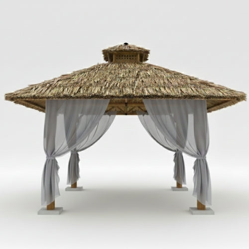 Paillote bambou avec toiture arumbia et voilages gris latéraux, ombrage doux et protection solaire équilibrée