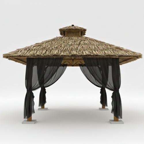 Paillote bambou avec toiture en arumbia et voilages noirs latéraux, espace extérieur ombragé et protégé