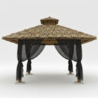 Paillote bambou avec toiture en arumbia et voilages noirs latéraux, espace extérieur ombragé et protégé