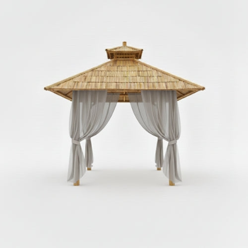 Paillote bambou avec voilages gris latéraux, protection solaire douce et ambiance extérieure équilibrée