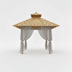 Paillote bambou avec voilages gris latéraux, protection solaire douce et ambiance extérieure équilibrée