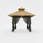 Paillote bambou avec voilages noirs latéraux, structure ouverte et espace détente extérieur élégant et protégé