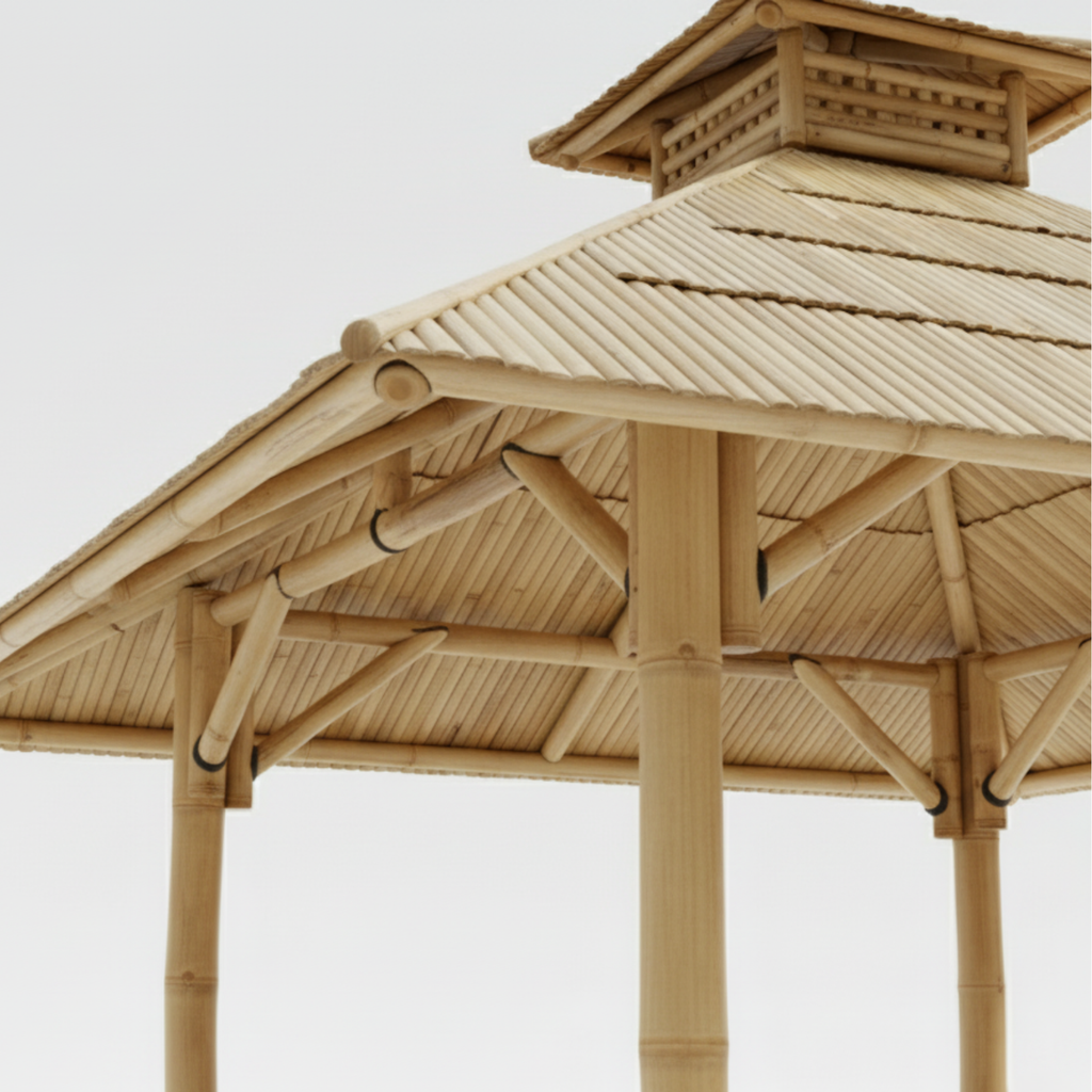 Paillote de jardin en bambou naturel jaune avec plancher stable, toiture en bambou.