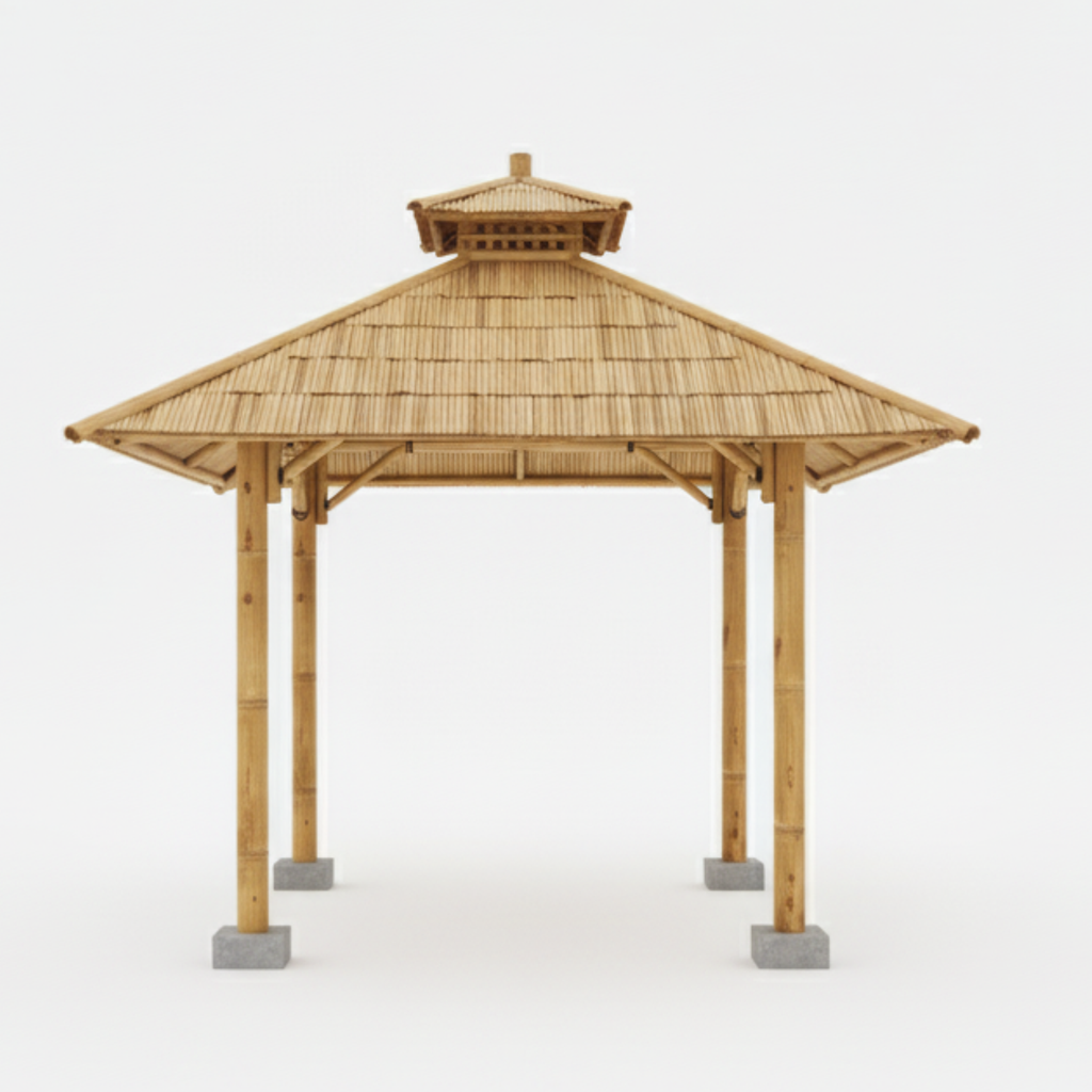 Pergola bambou naturelle pour créer un espace repas extérieur protégé
