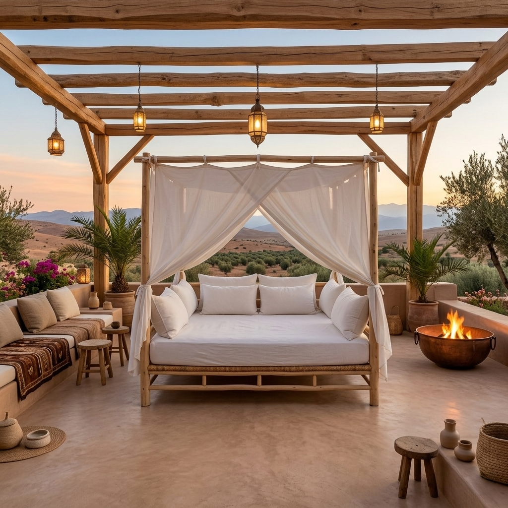 Pergola en bois d'eucalyptus installée sur une terrasse, dans un jardin ou un patio