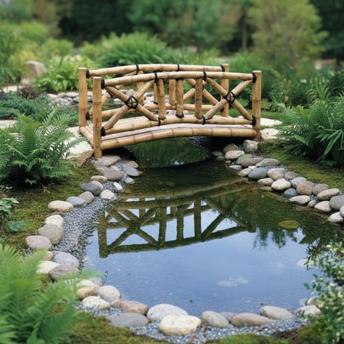 Petit pont en bambou naturel décoratif structurant un passage paysager dans un jardin végétalisé