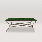 Pied en fer forgé finition rouillée sous table rectangulaire en zellige vert pour terrasse et jardin