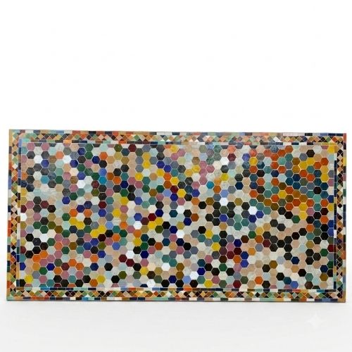 Table en zellige multicolore 200 × 100 cm en béton avec pied fixe noir en fer forgé – Table artisanale marocaine intérieure et extérieure
