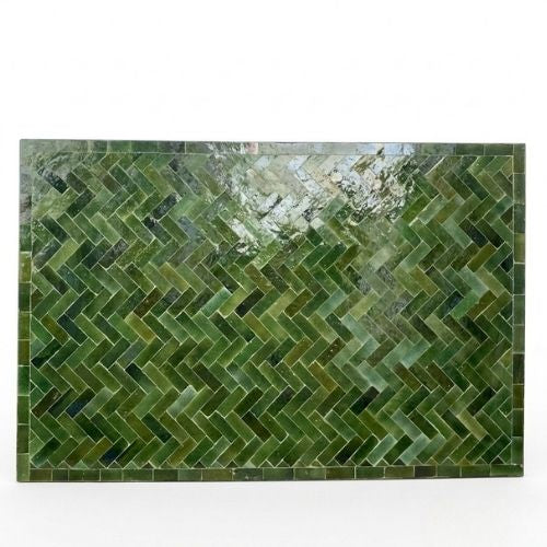 Table en zellige 150 × 100 cm Vert Tamegroute – Table artisanale en béton avec pied fixe en fer forgé noir