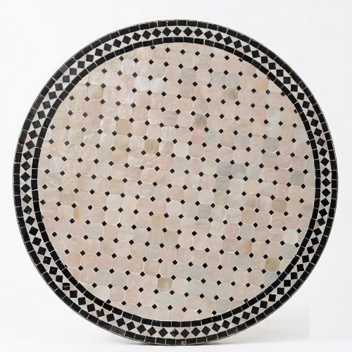 Table ronde en zellige Ø 100 cm Beige avec cabochon noir – Table artisanale en béton avec pied fixe en fer forgé noir