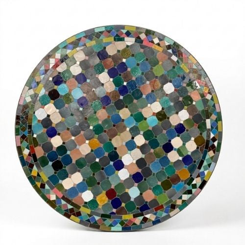 Table ronde en zellige Ø 150 cm Multicolore – Grande table artisanale marocaine avec pied fixe noir en fer forgé