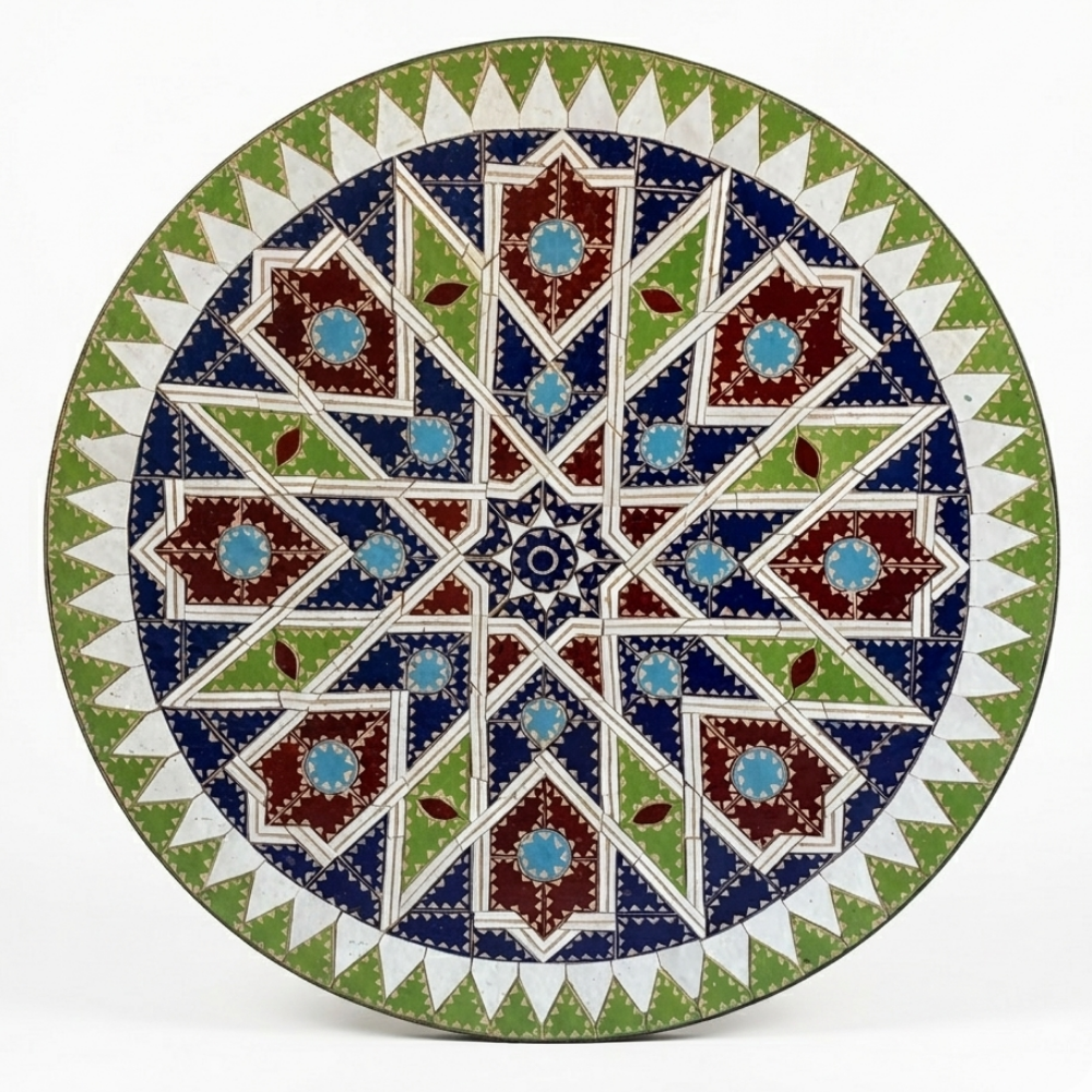 Plateau en zellige marocain multicolore avec motif géométrique posé à la main sur table ronde