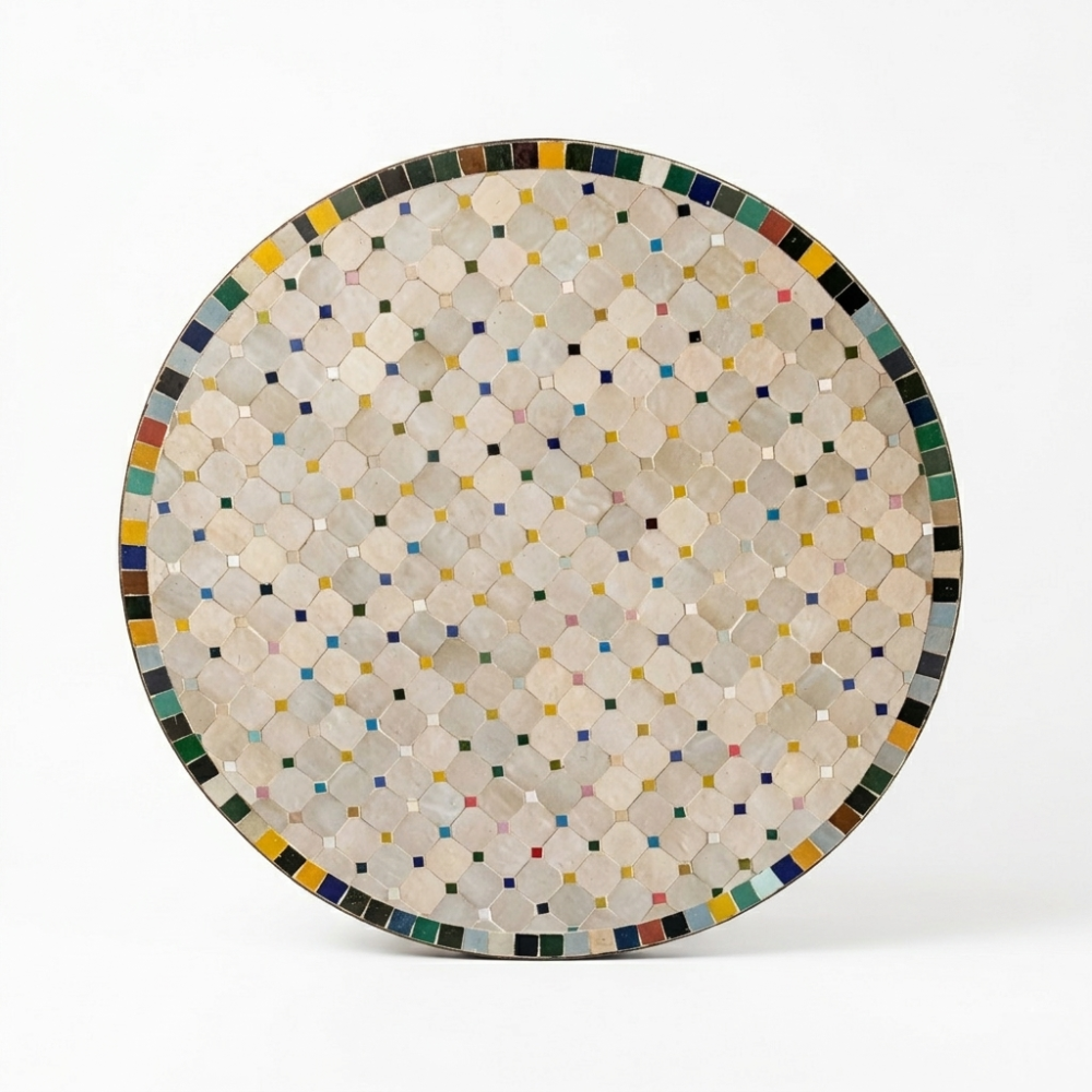 Plateau rond en mosaïque de zellige marocain multicolore Ø100 cm avec assemblage artisanal à la main