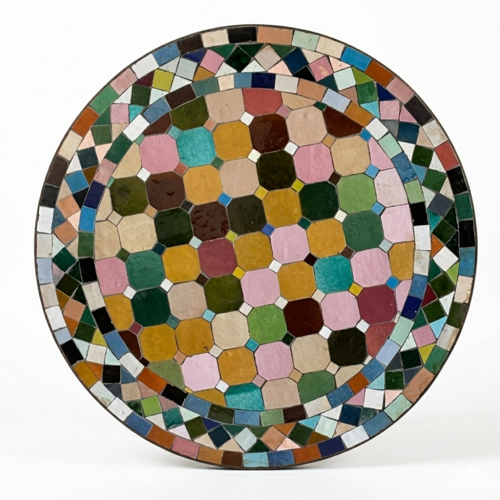 Plateau en mosaïque de zellige marocain multicolore posé à la main sur table ronde extérieure