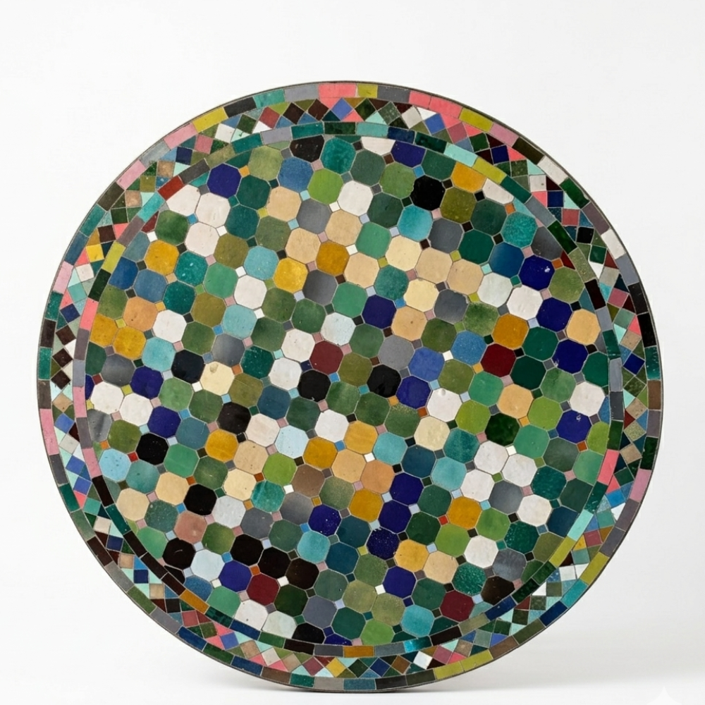 Détail du plateau en mosaïque de zellige marocain multicolore posé à la main sur table ronde extérieure