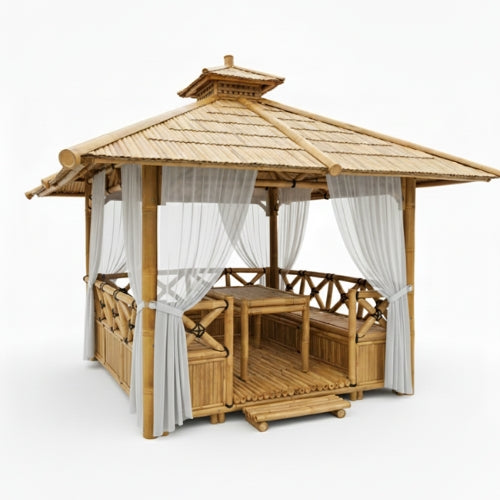 Rideau extérieur transparent gris fixé sur structure gazebo bambou 300x300 cm avec tombé fluide et rendu naturel