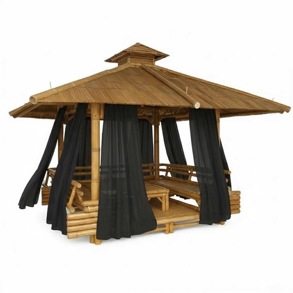 Rideaux transparents montés sur gazebo bambou pour créer une intimité douce sans fermer l’espace