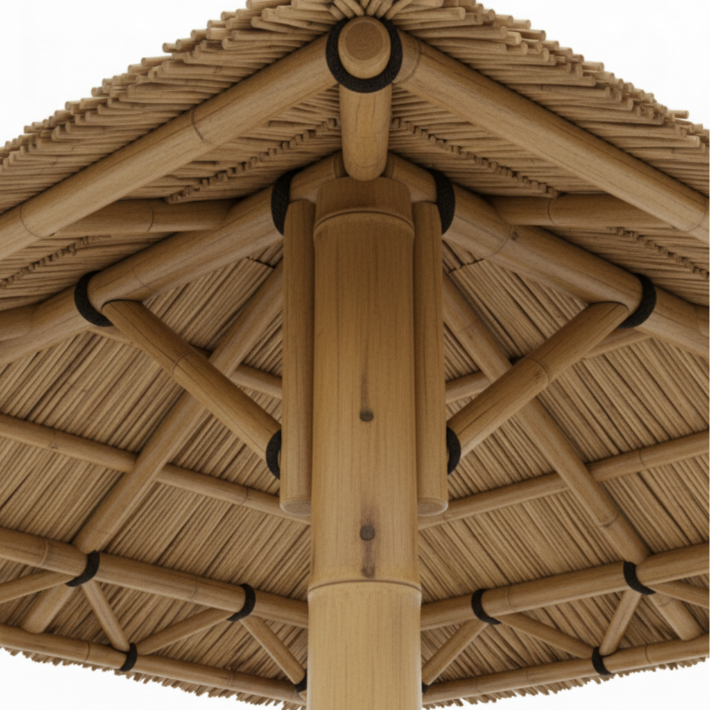 Structure extérieure en bambou naturel avec plancher isolé du sol, toiture étanche et ventilation centrale intégrée