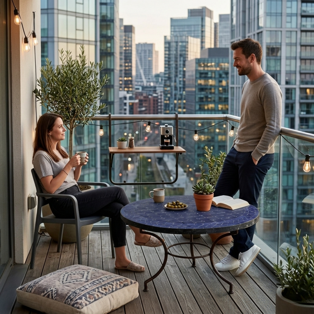 Table basse ronde en zellige bleu Ø80 cm avec piètement en fer forgé pour espace détente extérieur