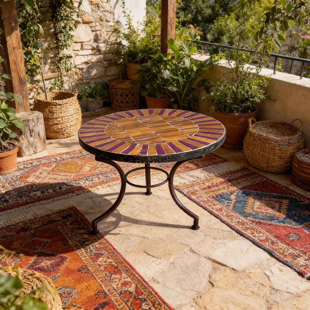 Table basse ronde en zellige orange bordeaux Ø60 cm dans un espace détente extérieur naturel