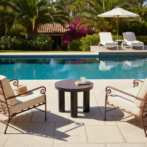 Table basse marocaine ronde en zellige marron avec pied fixe en fer forgé intégrée dans un salon de jardin extérieur