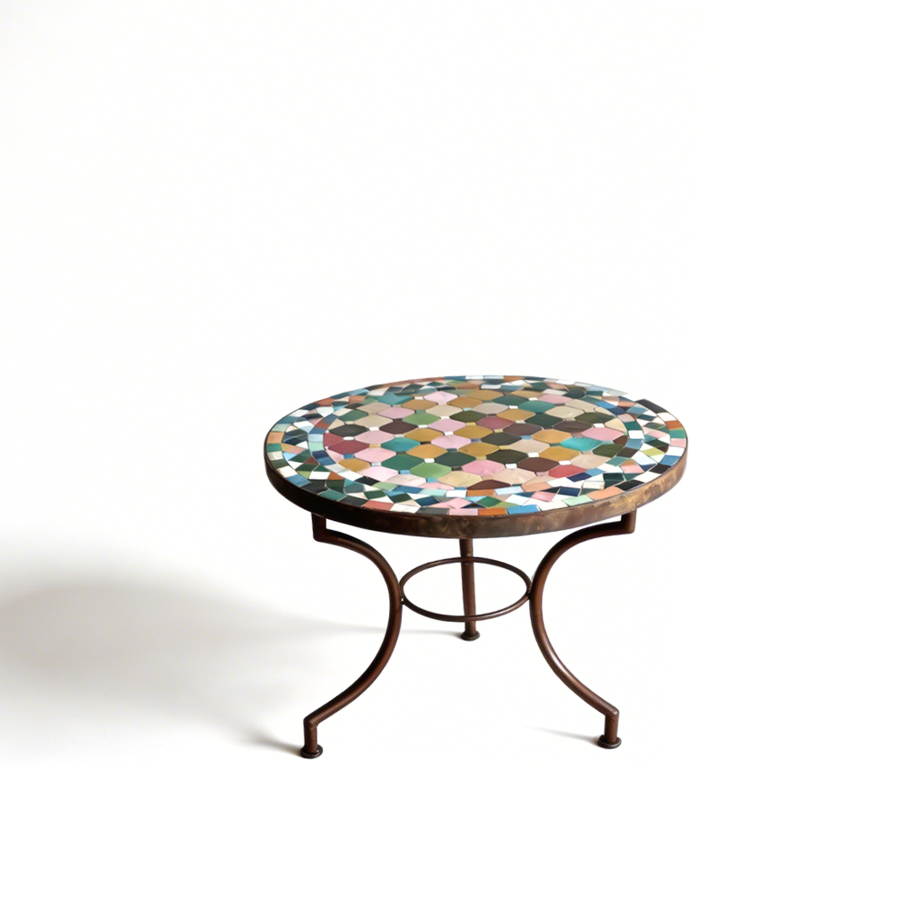 Table basse en zellige marocain multicolore Ø60 cm avec piètement en fer forgé pour extérieur