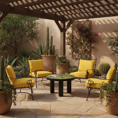 Table basse marocaine ronde en zellige vert Tamegroute avec pied en fer forgé intégrée dans un salon de jardin extérieur