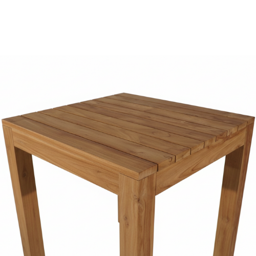 Table haute conviviale en teck massif montrant le plateau rectangulaire et le veinage naturel du bois