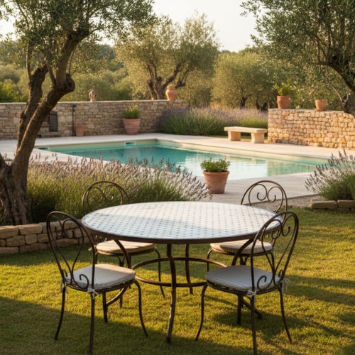 Table marocaine ronde en zellige beige avec frise et cabochons bleus installée sur terrasse extérieure en jardin