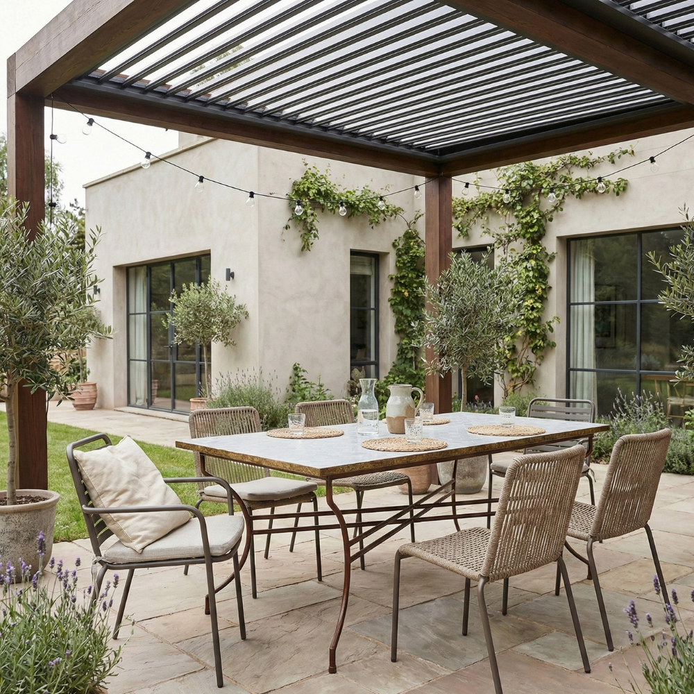 Table marocaine rectangulaire en zellige blanc installée sur terrasse de jardin extérieur au style méditerranéen