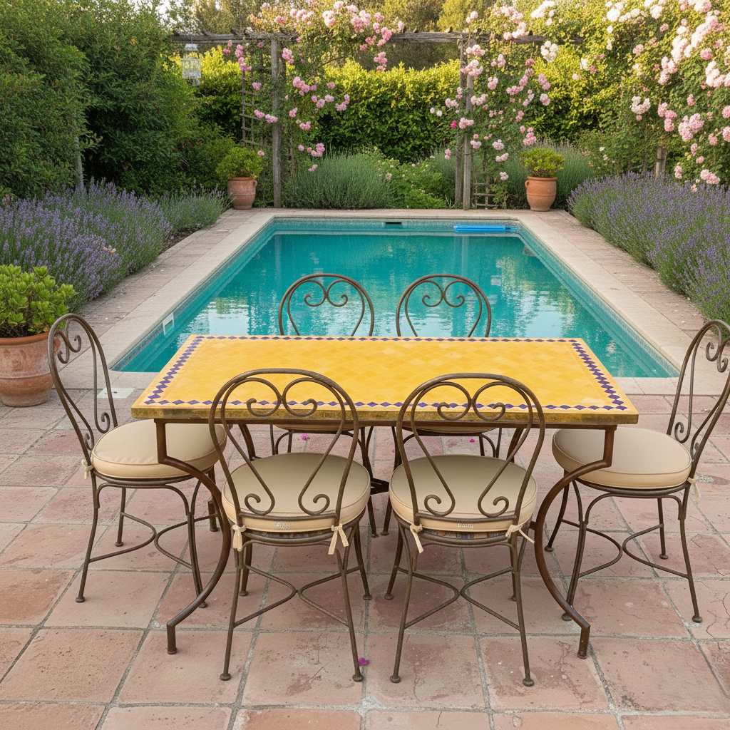 Table marocaine rectangulaire en zellige jaune avec bordure bleue installée sur terrasse de jardin extérieur