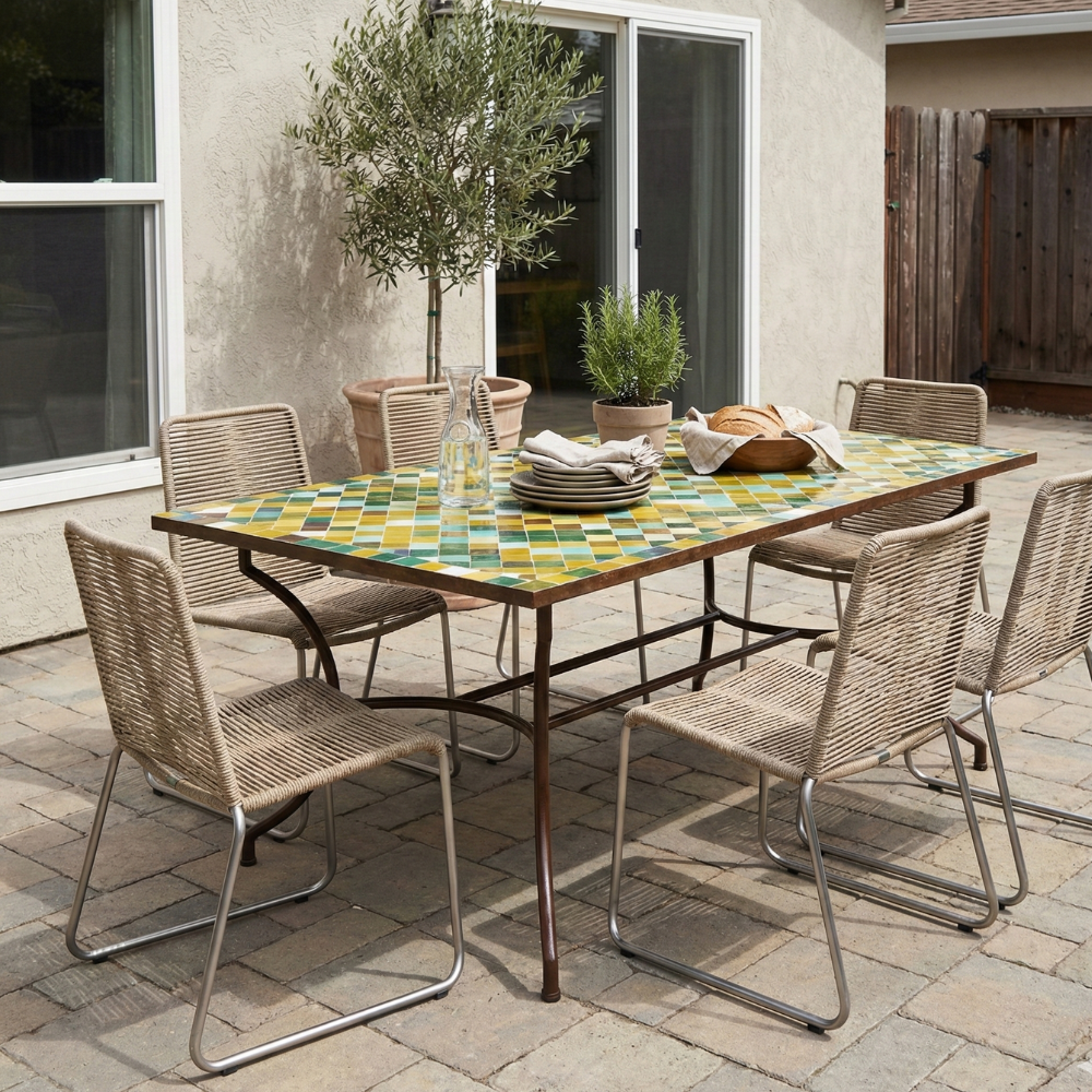 Table marocaine rectangulaire en zellige multicolore installée sur une terrasse de jardin