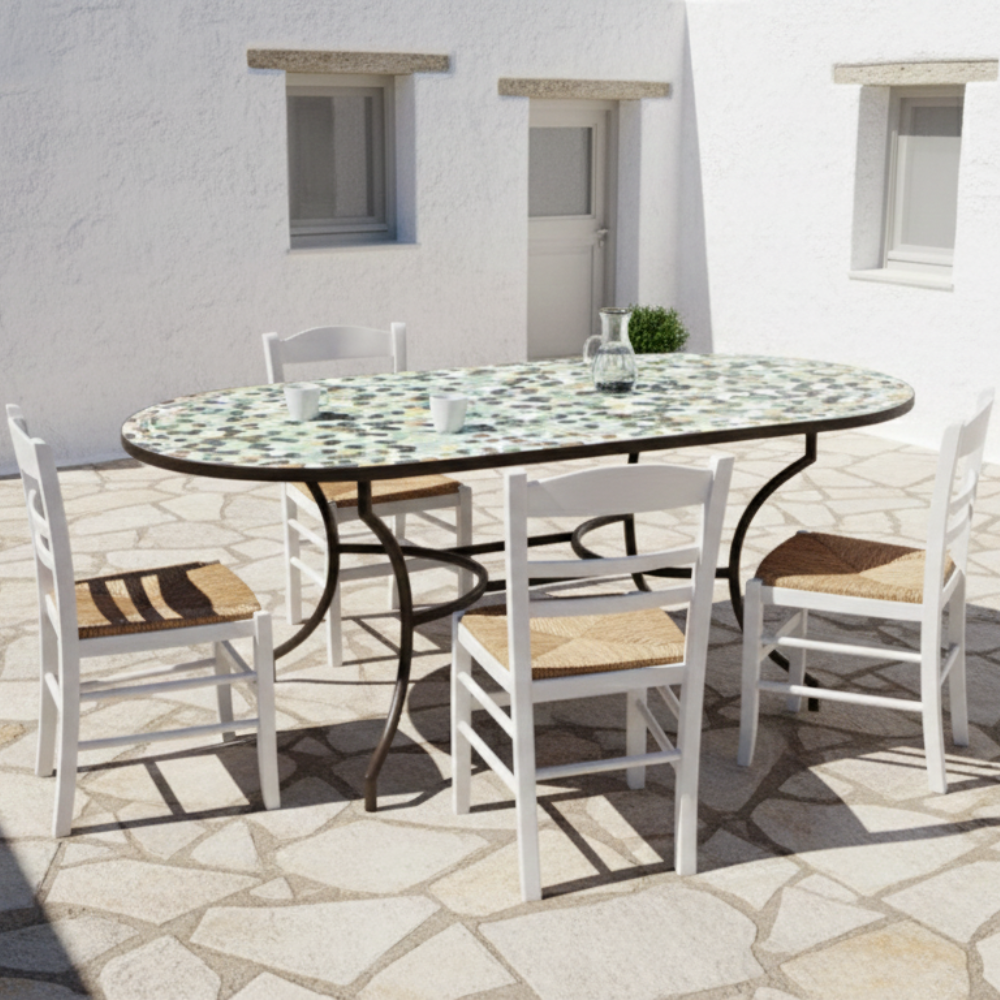 Table ovale en zellige multicolore installée sur terrasse de jardin extérieur