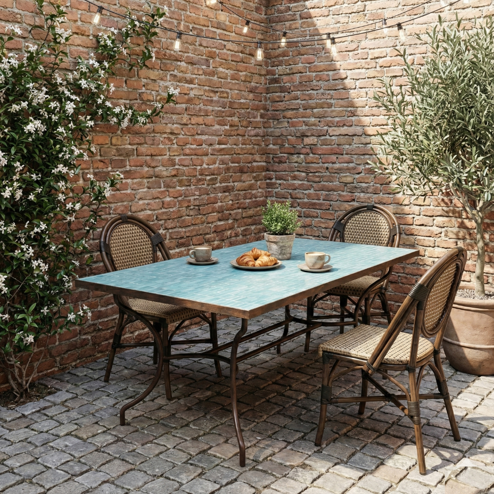 Table rectangulaire en zellige bleu ciel installée sur terrasse extérieure lumineuse