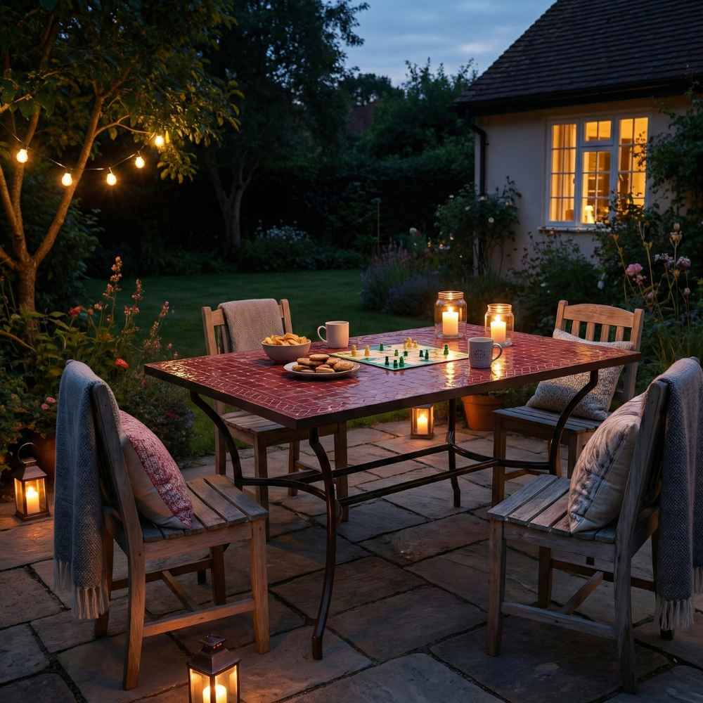 Table rectangulaire en zellige rouge bordeaux installée sur terrasse extérieure élégante