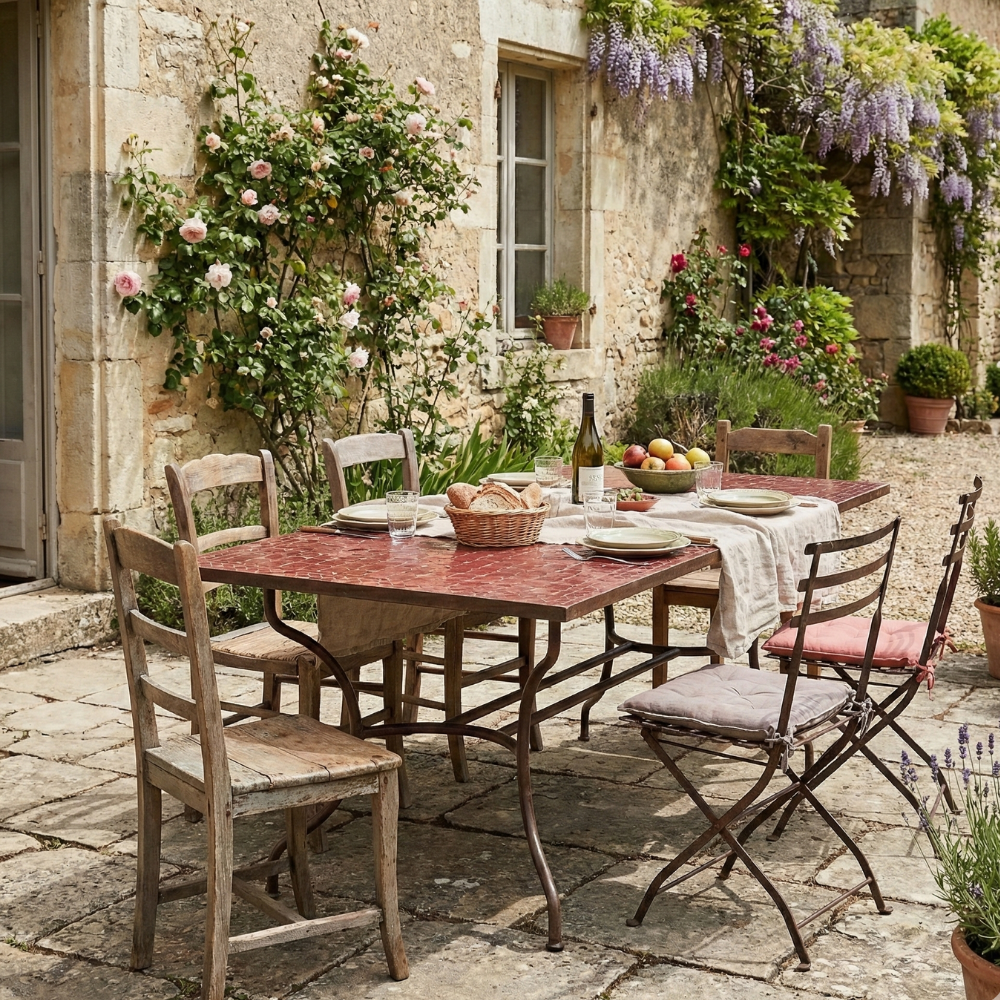 Table rectangulaire en zellige rouge installée sur terrasse extérieure ensoleillée