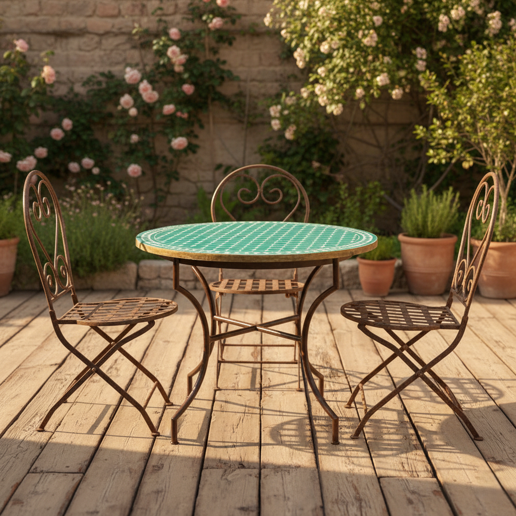 Table marocaine ronde en zellige vert avec cabochons beige installée sur une terrasse extérieure