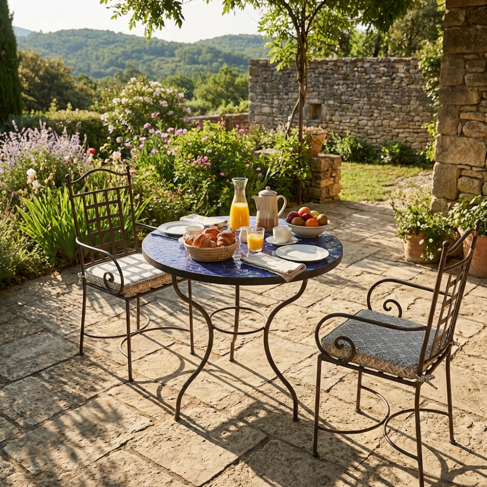 Table ronde en zellige bleu Ø80 cm avec pied en fer forgé rouillé installée sur terrasse extérieure