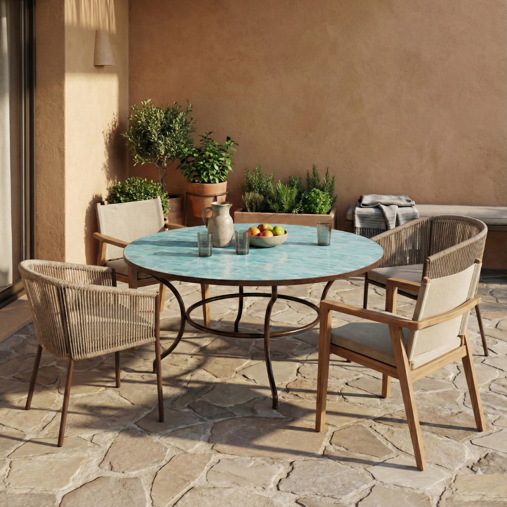 Table ronde en zellige bleu ciel installée sur une terrasse de jardin extérieure