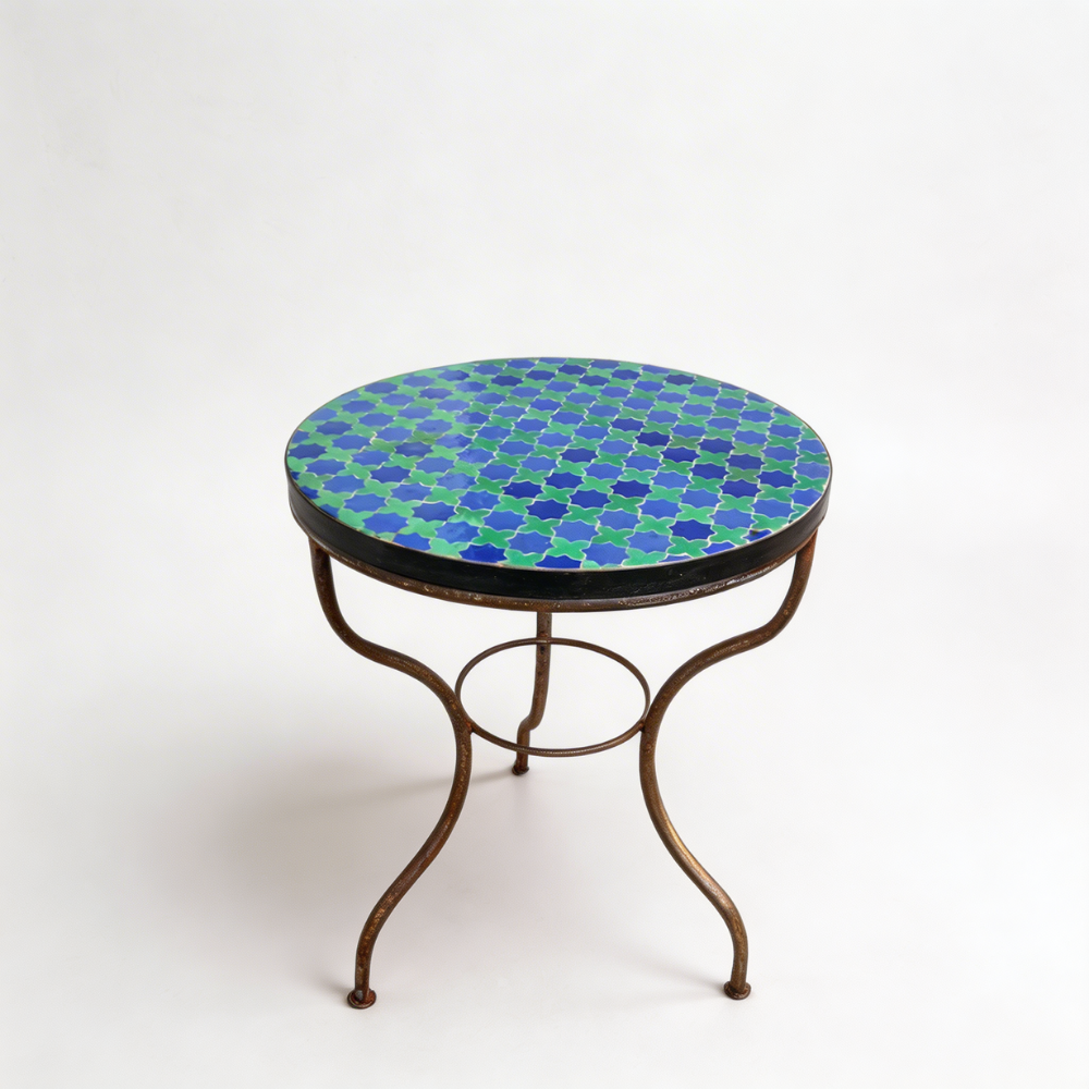 Table ronde en zellige bleu vert Ø60 cm avec plateau artisanal et structure en fer forgé