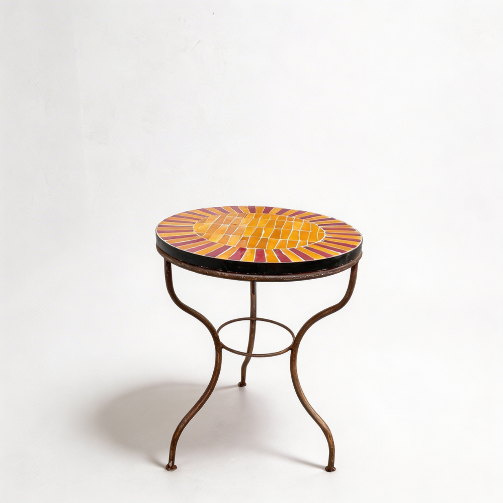 Table ronde en zellige orange bordeaux Ø60 cm avec plateau artisanal et structure en fer forgé
