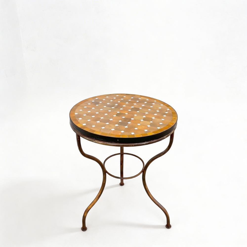 Table ronde en zellige marron avec cabochons blancs Ø60 cm et structure en fer forgé