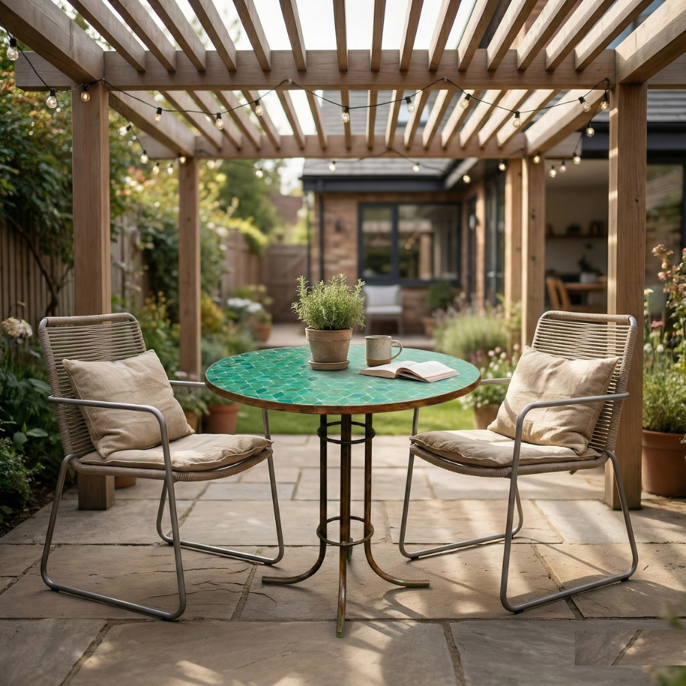 Table ronde en zellige vert installée sur une terrasse de jardin extérieure